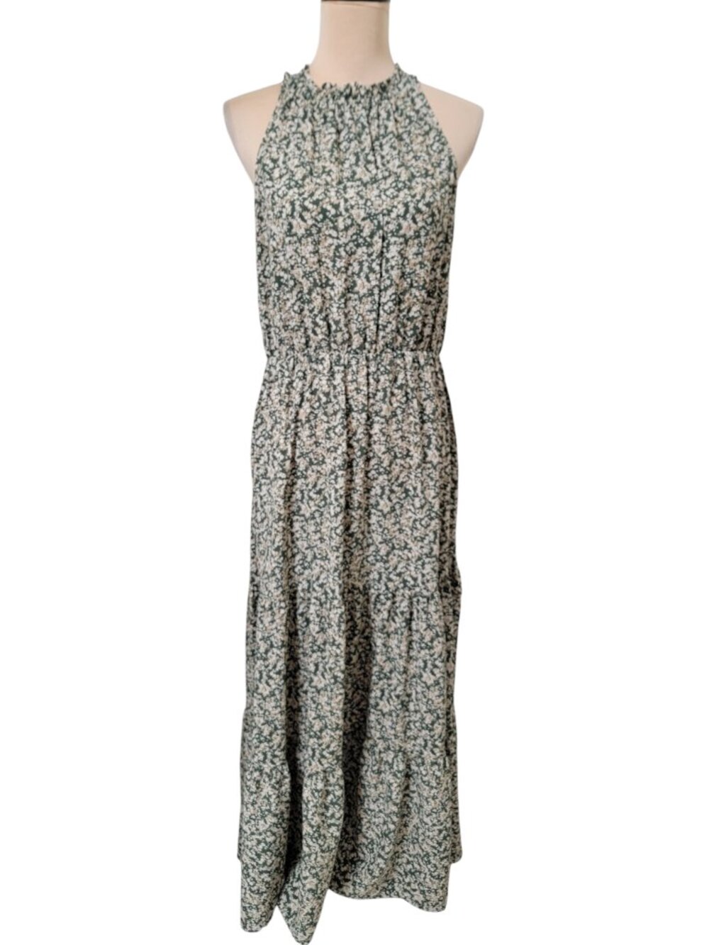 BTFBM Size L Green with Cream & Beige Floral Boho Maxi Tiered Sleeveless Dress